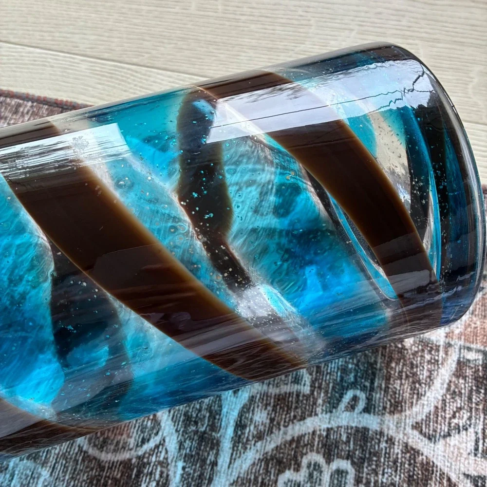 Vintage Murano Style Hand Blown Art Glass Vase Turquoise Blue Brown Swirl 9.5in